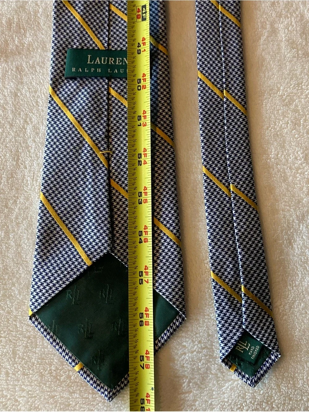 Lauren Ralph Lauren Mens 100% Silk Tie Blue/White Houndstooth Yellow Stripe USA.